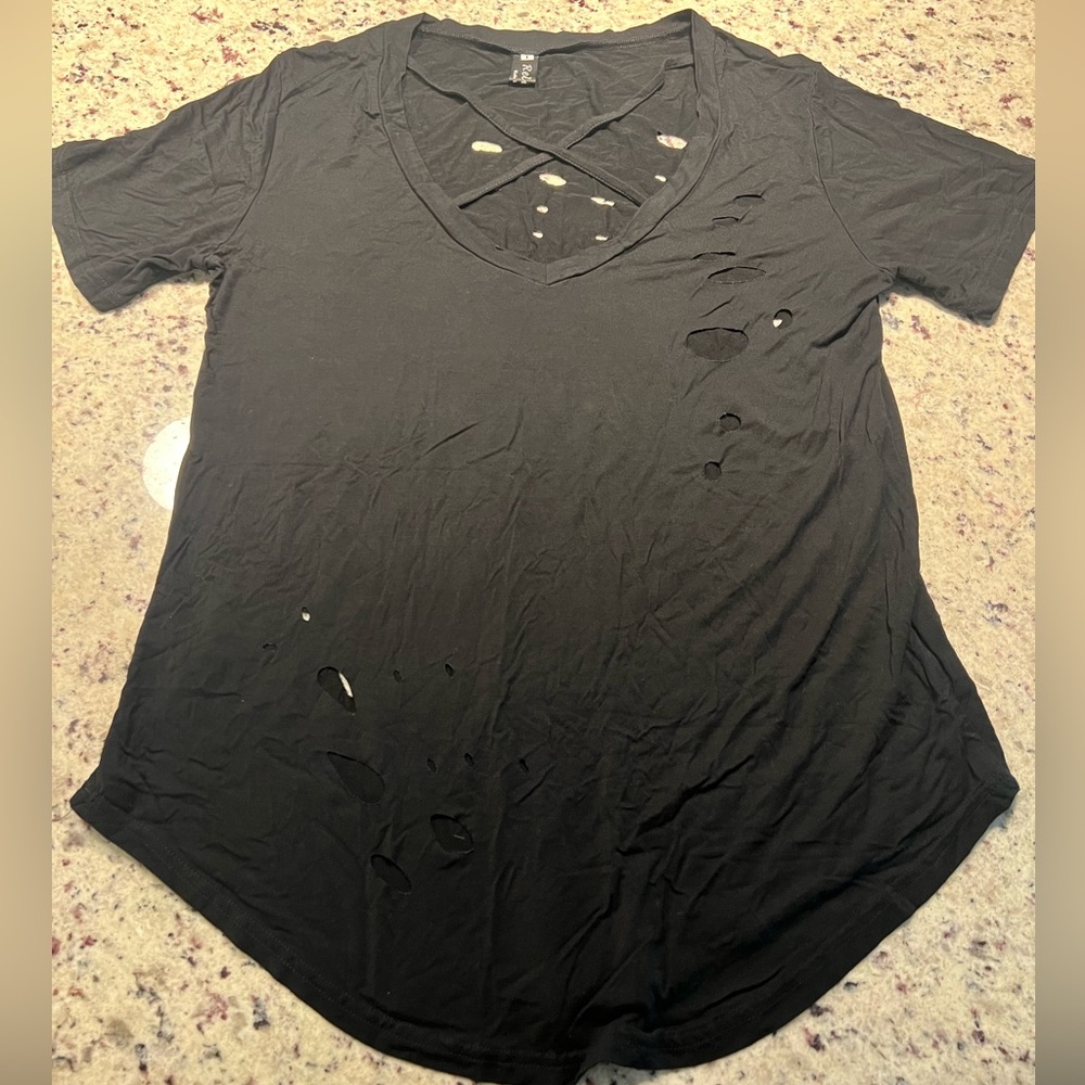 Women’s Black Distressed Cross Neck Tee Large
